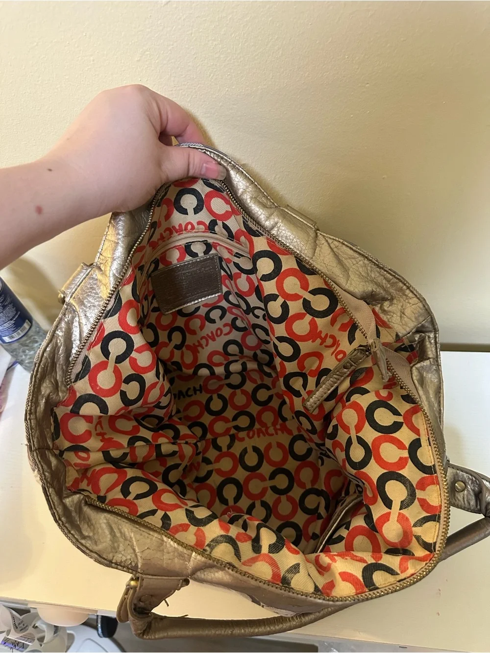 Coach Taupe Signature Tote with Metallic Gold Bow Accents